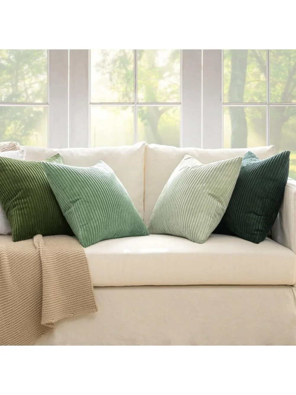 Boho Farmhouse Sage Green Throw Pillow Covers 18x18 Set of 4 - Soft Corduroy